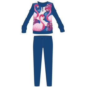   Flamingó téli pamut gyerek pizsama - interlock pizsama - levél mintával - sötétkék - 122