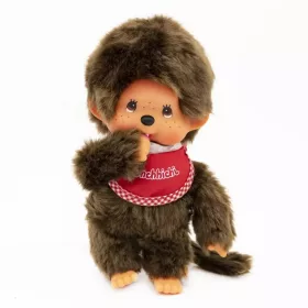 Moncsicsi plüssfigura fiú előkével pirosbarna 20 cm